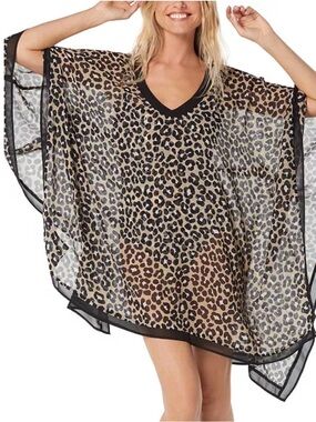 Michael Kors Leopard Print Sheer V-Neck Swim Cover-Up in Brown and Black